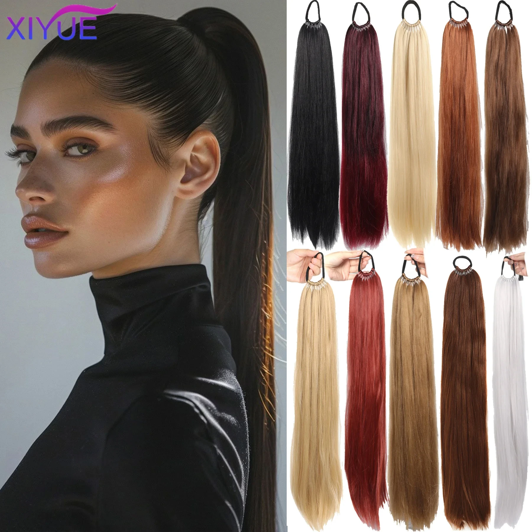 XIYUE Synthetic 24 Inch Long Ponytail Extensions With Elastic Band Versatile DIY Braided Ponytail For Women Girls Black Brown