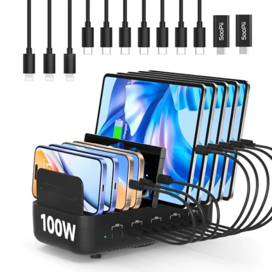 

100W USB-C Charging Station, 10-Port PD Fast Charger, 3-Pin Grounded Safety, 10pcs Mixed Short Cables Included, Charging Organi