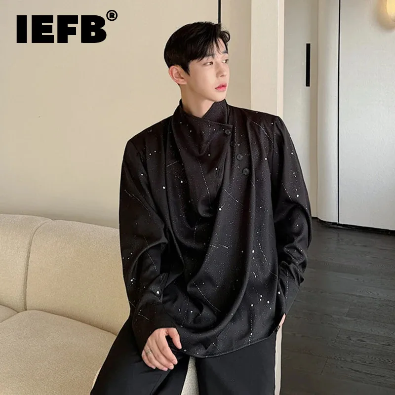 

IEFB Autumn New Trendy Male Shirt Long Sleeve Asymmetric Stand Collar Design Bright Silk Decorative Style Casual Shirt 9C7018