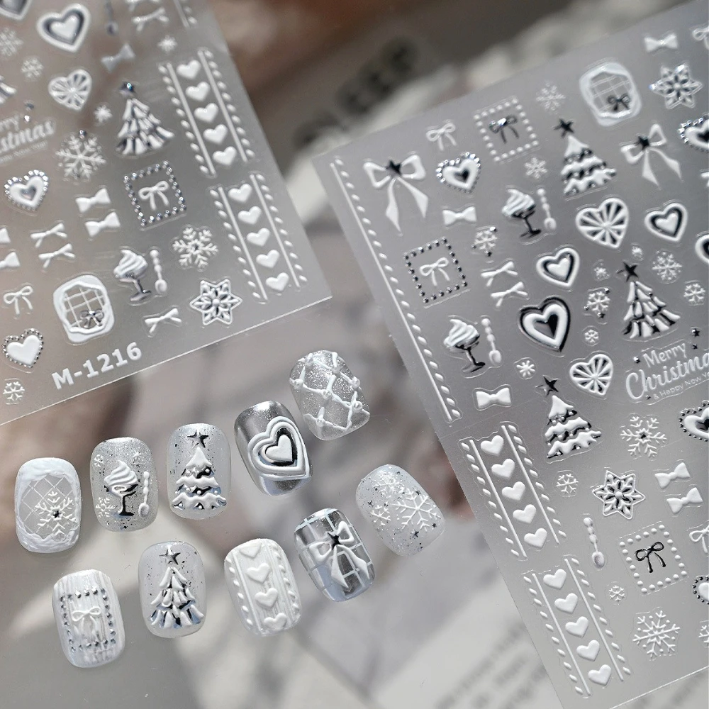 

Ins Style Silver White Stars Bowknot Snowflake Love Christmas Tree 5D Embossed Nail Art Stickers Lovely Xmas 3D Manicure Decals