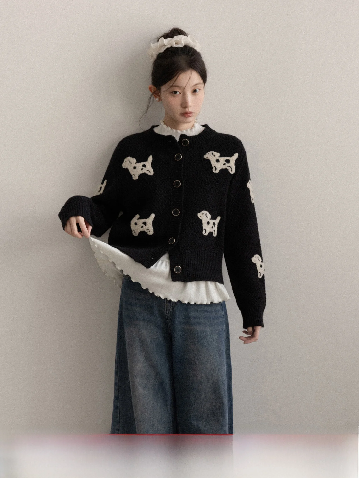 

Canton S Lazy Sle Thiened Bla Dog Print round Ne Loose Knitted Cardigan Sweater Women Winter Outerwear Warm Cozy