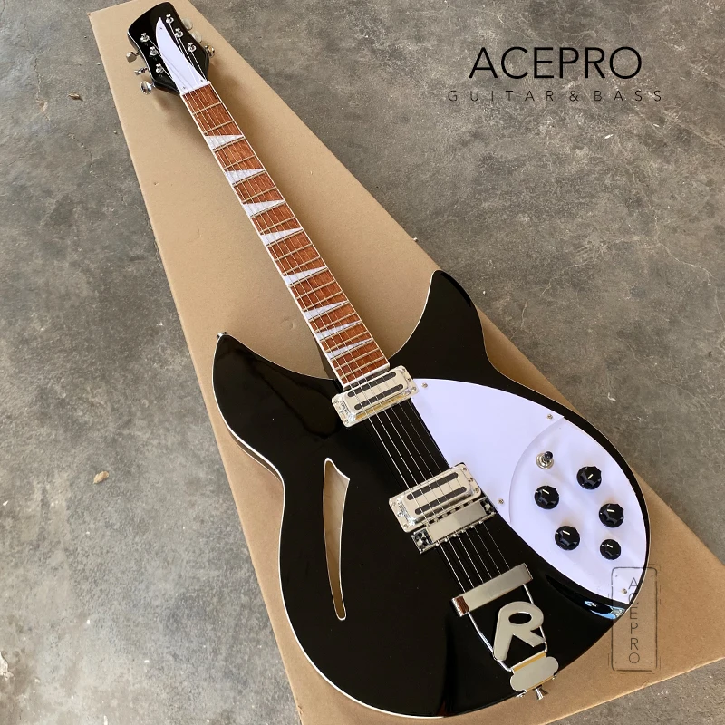 Black Color 360 Electric Guitar, Semi Hollow Body, R Shaped Tailpiece, High Quality 6 String Guitarra, Rosewood Fingerboard