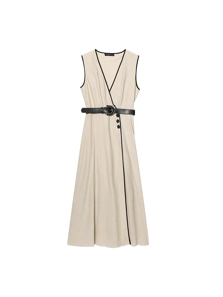 

2025 Women Summer MIDI Dress Fashion Solid V-Neck Belt Buttons Wrap Female Elegant Street Linen Dresses Clothing