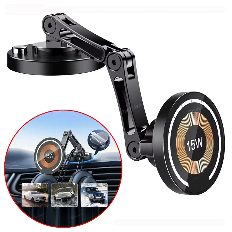 Magnetic Car Wireless Charger for iPhone 15 14 Pro Max Car Phone Holder 360 Rotation Metal Foldable Charging Stand for Samsung