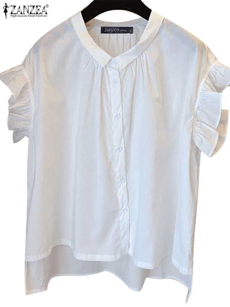 ZANZEA-Blusa manga curta com bainha de babados para mulheres, tops soltos sólidos, túnica casual, camisa elegante de verão, moda festa