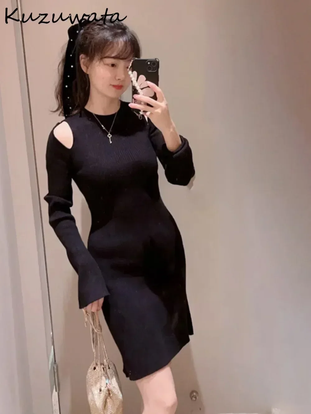 Kuzuwata Temperament O Neck Flare Sleeve Srtipe Dress Off Shoulder All-match Knit Casual Robe Japanese Slim French Style Vestido