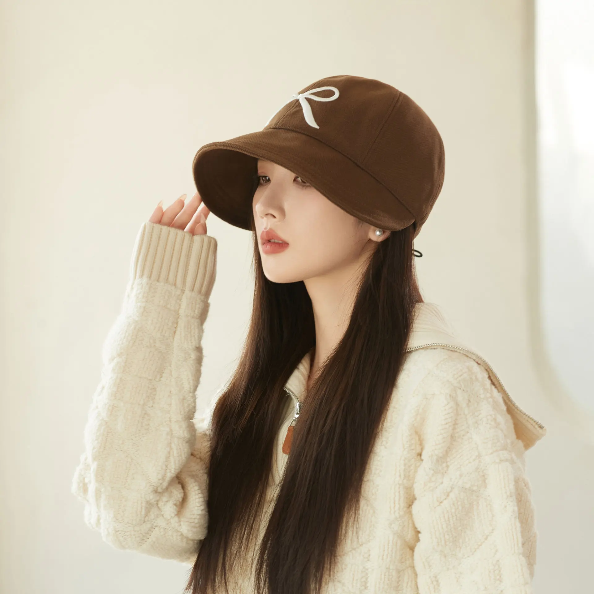

Wide Brim Sun Hat for Women Big Head Circumference with Bow Embroidery Peaked Cap Soft Face Slimming Effect