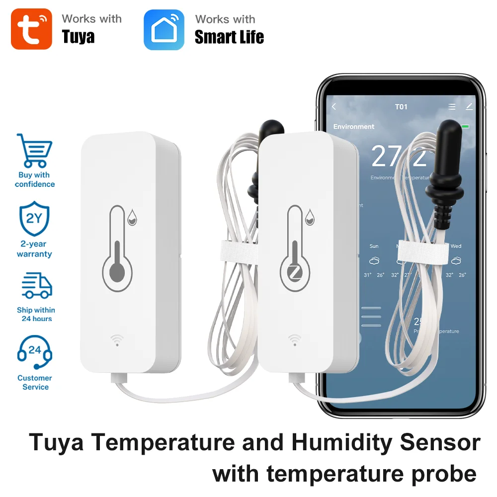 Tuya WiFi/Zigbee Temp Humidity Sensor with External Probe, Indoor Thermometer for Freezer Aquarium, App Alerts & Weather Display