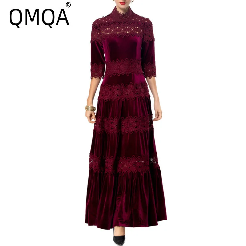 QMQA Fashion Women's Elegant Velvet Dresses Stand Collar Mid Sleeve Water Soluble Hook Flower Hollow Dress Autumn Clothing 1A231