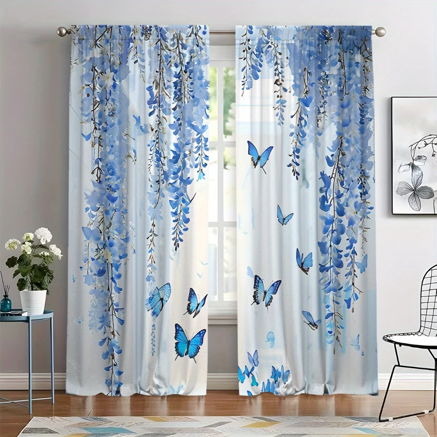 2PCS Digital Printed Curtains, Blue Butterfly Wisteria Pattern, Stylish Window Treatment for Living Room Bedroom Decor