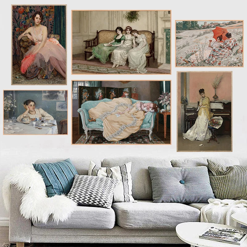 Interesting Vintage Elegant Female Portrait Posters Prints Canvas Painting Wall Art Picture Living Room Home Decor