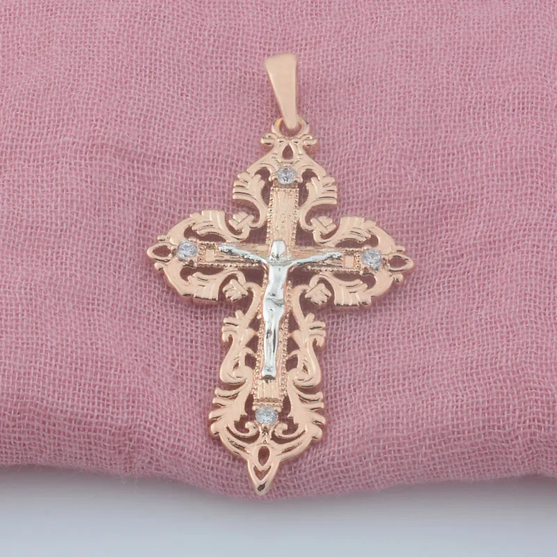 FJ Women New Men Big White Cubic Zircon Cross Pendant 585 Rose Gold Color Chains