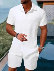 2025 New Summer Men's casual daily outdoor travel solid color jacquard lapel short-sleeved Shirt drawstring Shorts two-piece Set