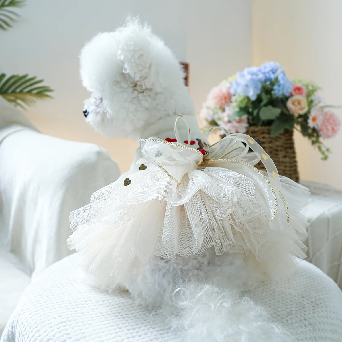 1PC Pet Clothing Spring and Autumn Beige Wedding Little Bear Princess Dress Suitable for Small and Medium sized Dogs