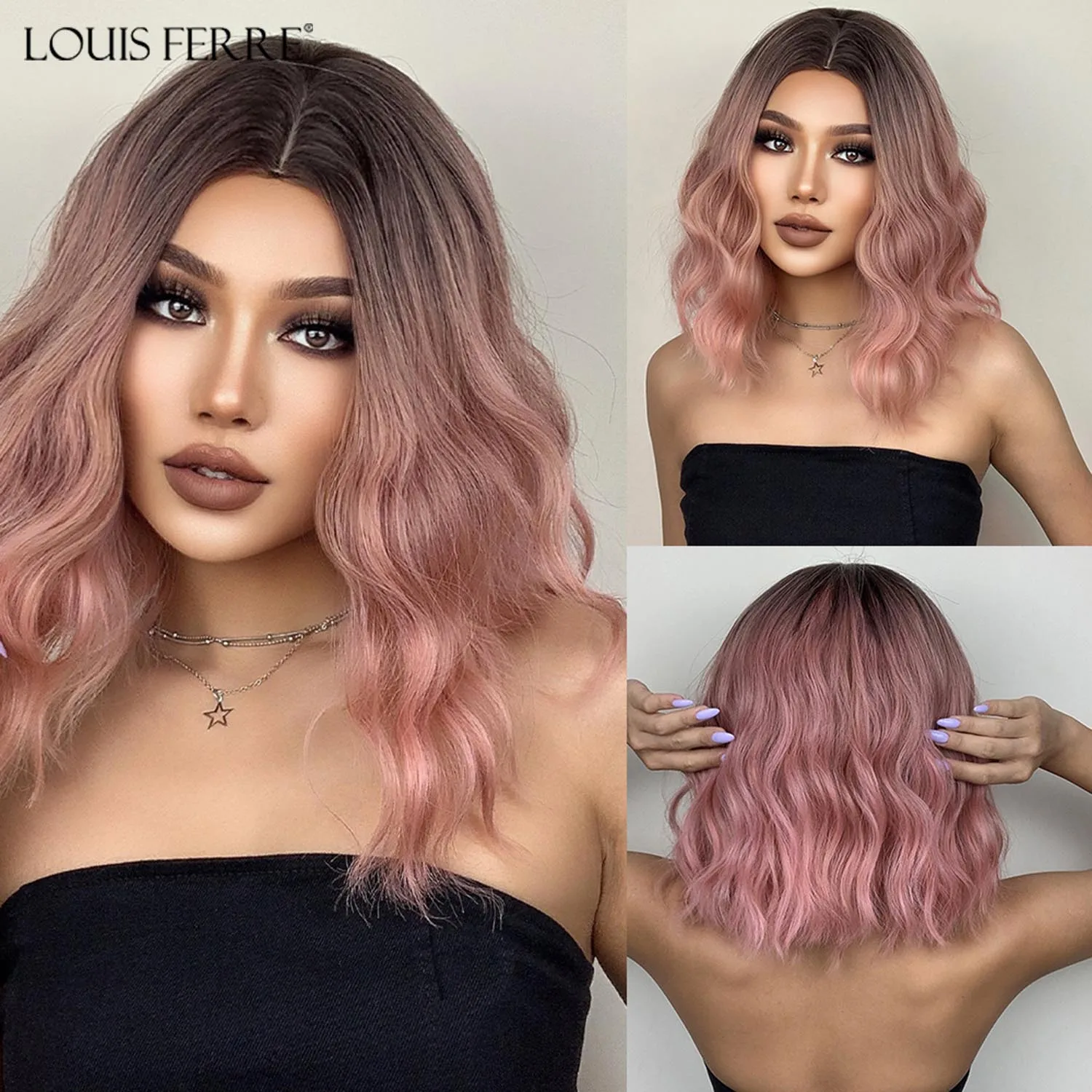 LOUIS FERRE Short Pink Bob Wavy Wigs Ombre Pink Curly Synthetic Wig Shoulder Length Cosplay Lolita Cute Fake Hair Heat Resistant