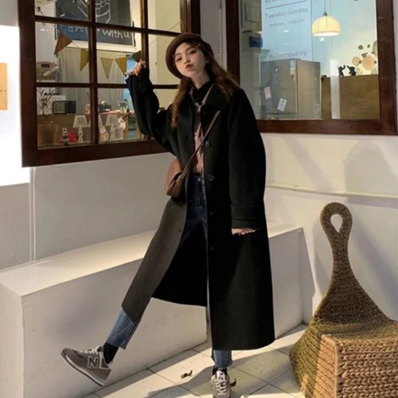 Wool Blends Coats Women Winter Elegant Retro Long Style Temperament Leisure Warm Outwear Ulzzang Tender Classic Popular 2023 New