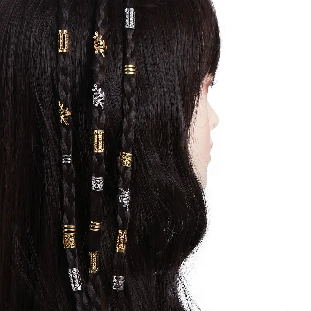 

40PCS Metal Cuff Clips Mixed Hair Rings Set Hair Braiding Headwear Dreadlocks Beads Charm Gold and Silver Hair Braid Tubes Decor