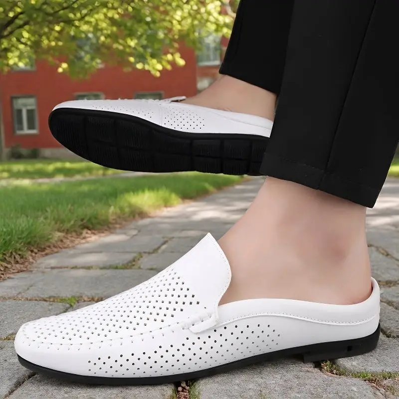 Men's casual shoes Summer men's half tray hollowed out, light and breathable casual leather shoes, one pedal lazy Doudou shoes