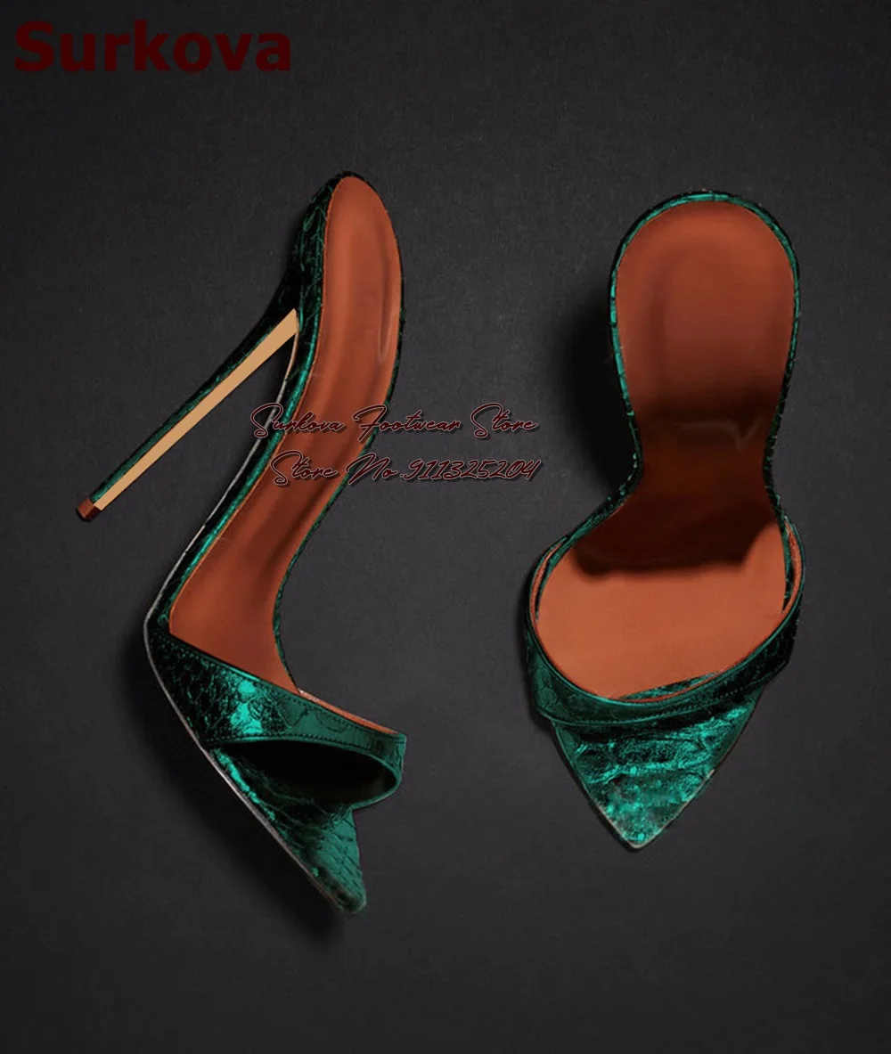 Surkova Emerald Green Snakeskin High Heel Modern Slippers Women Pointed Toe Stilettos Mules Slip-On Evening Pumps Size45