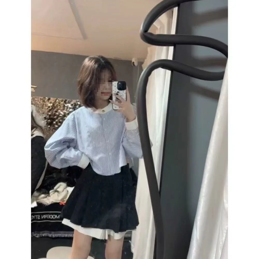 Blue White Striped Long Sleeve Loose Women's Shirt Korean Style Ageless Versatile Short Length Top Soft Satin Pure Cotton