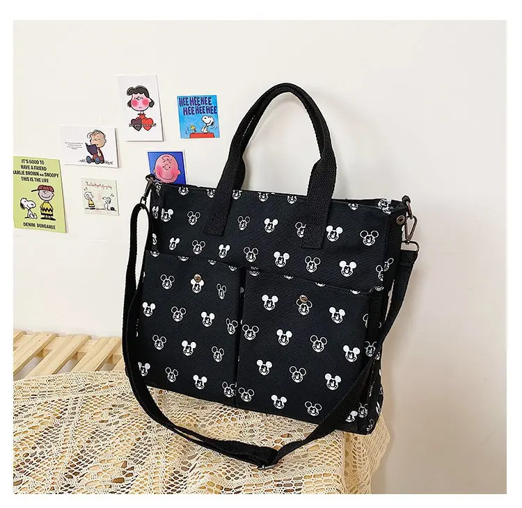 High Capacity Canvas Handbags Female Students Mickey Full Print Simple Casual All-match Cartoon Trend Messenger Bags With Zipper