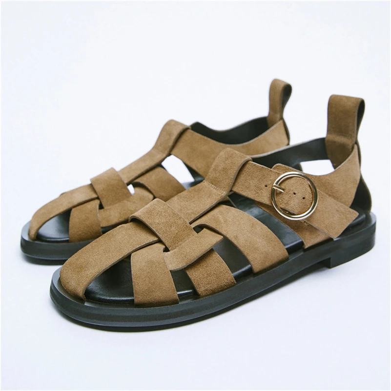 ZA New Plus Size 34-42 New Genuine Leather Sandals Women Shoes Buckle Flat Sandals Ladies Summer Casual Shoes Footwear