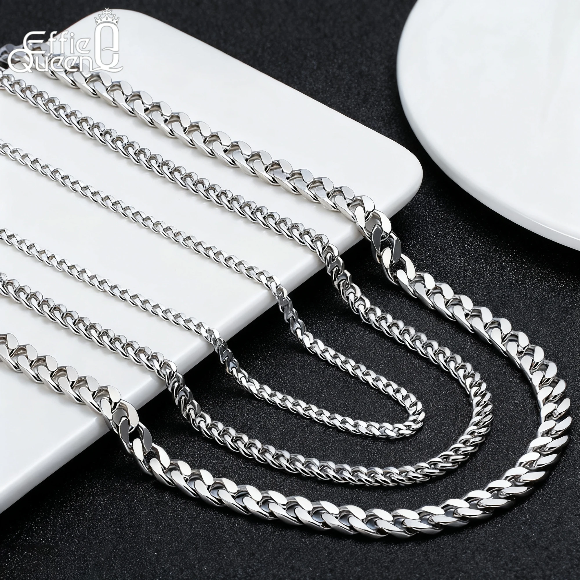 Effie Queen Soild 925 Sterling Silver 3.6/5/7MMmm Diamond-cut Curb Cuban Link Chain Choker Necklace Simple Jewelry Unisex SC36