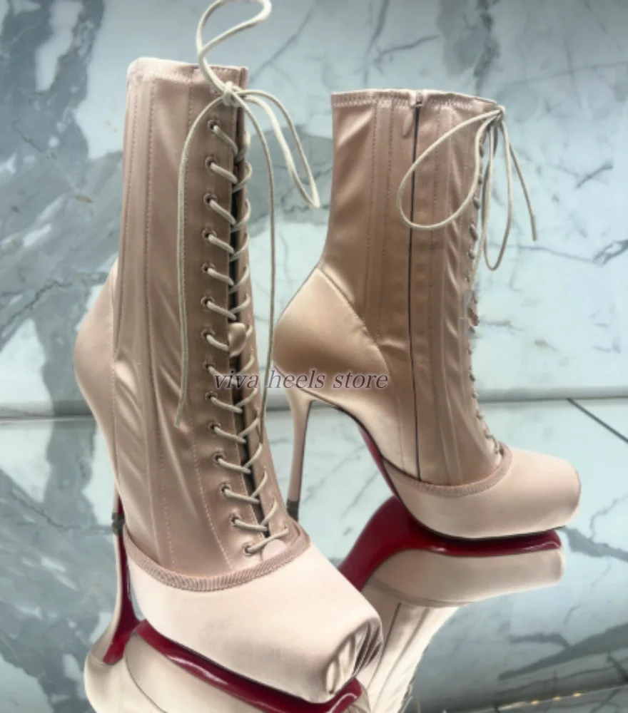 

Women's 2026 new in square toe satin ballet ankle boots black/champagne high heels luxury designer lace up booties party shoes