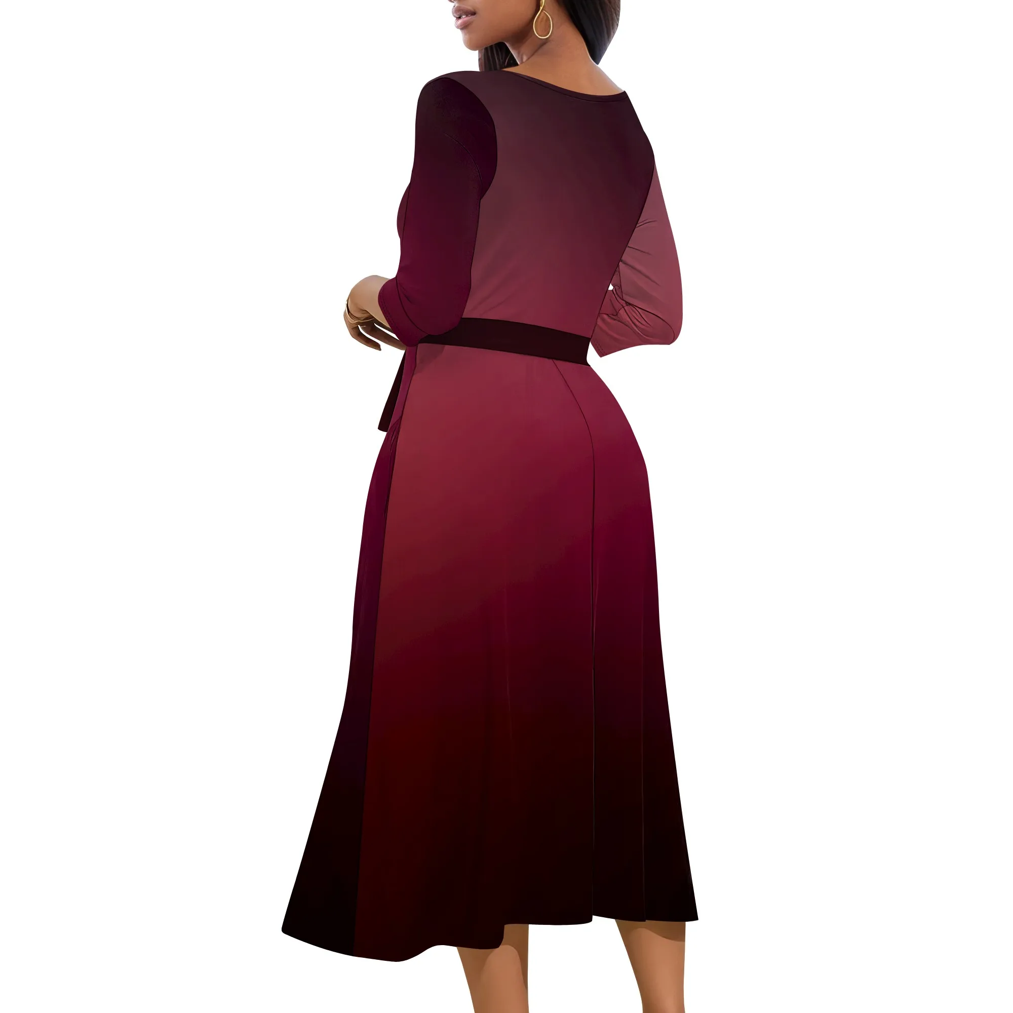 

Maxi Dress for Women Gradient Casual Long Sundress V Neck 3/4 Sleeves with Belt