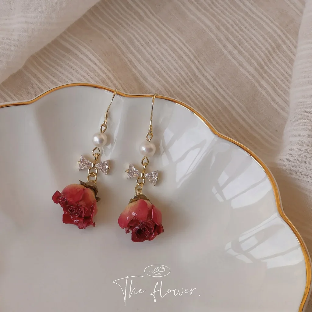 Amorous Rose S925 Silver Needle Vintage Hong Kong Style Vintage Real Flower Dried Rose Earrings