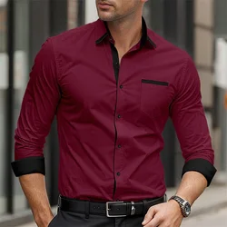 New men's formal button up shirt long sleeved solid color lapel for spring and autumn weddings, daily pocket patchwork clothing