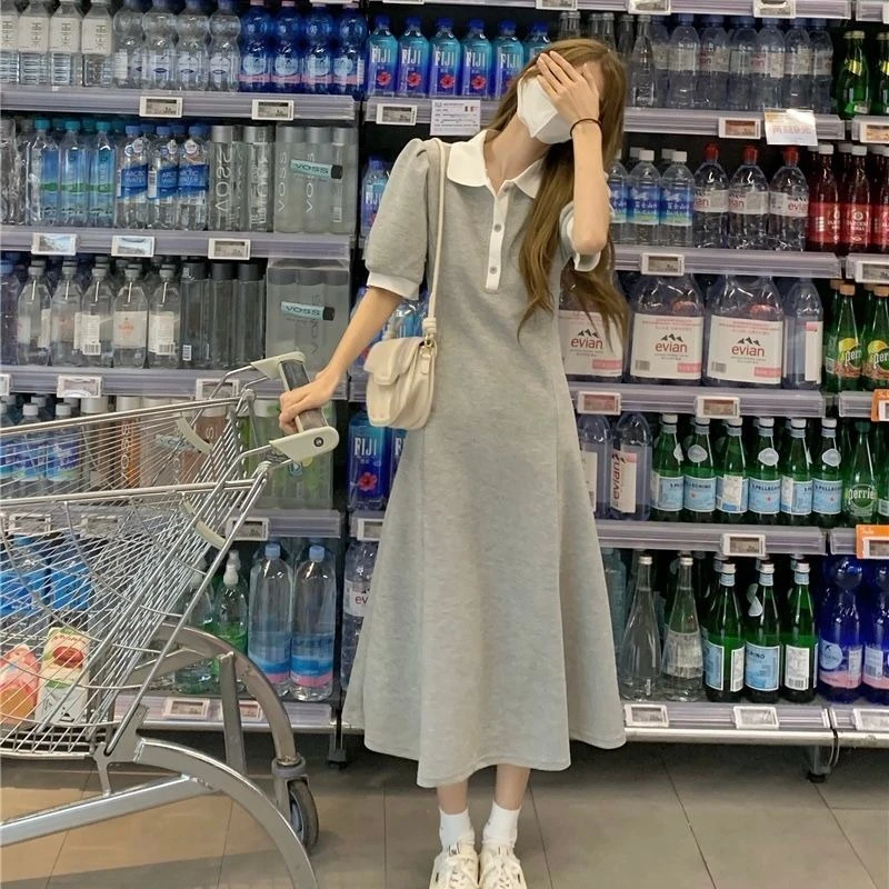 Ele ey col Long Dr t-shirt d'été femme Dr taille haute jupe trapèze ort Sve couleur Pure trajet Sle