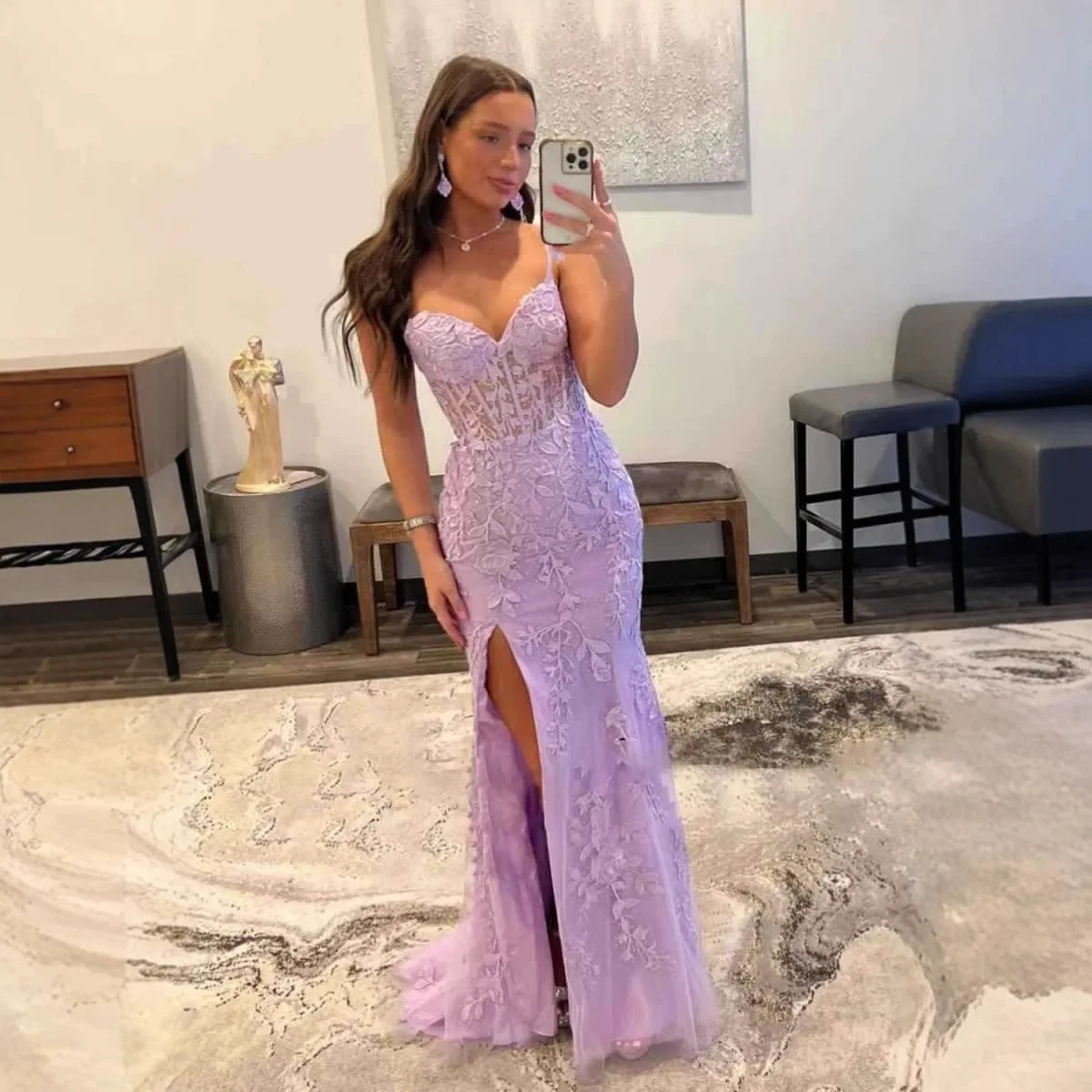 

Customized Sexy Side Slit Mermaid Women Evening Dresses Spaghetti Straps Appliques Prom Birthday Party Gowns Formal Vestidos