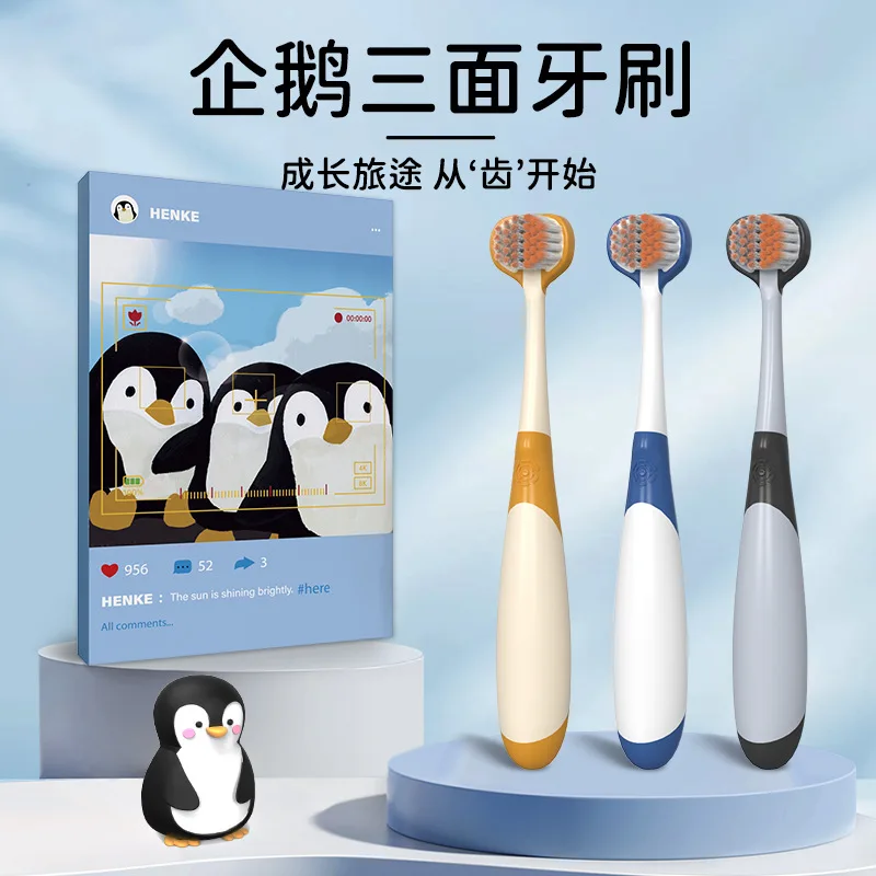 

6-12Year Old Penguin Three sided Toothbrush, Anti slip Soft Hair Teeth Whitening Protection Gum Cleaning for Young Teeth