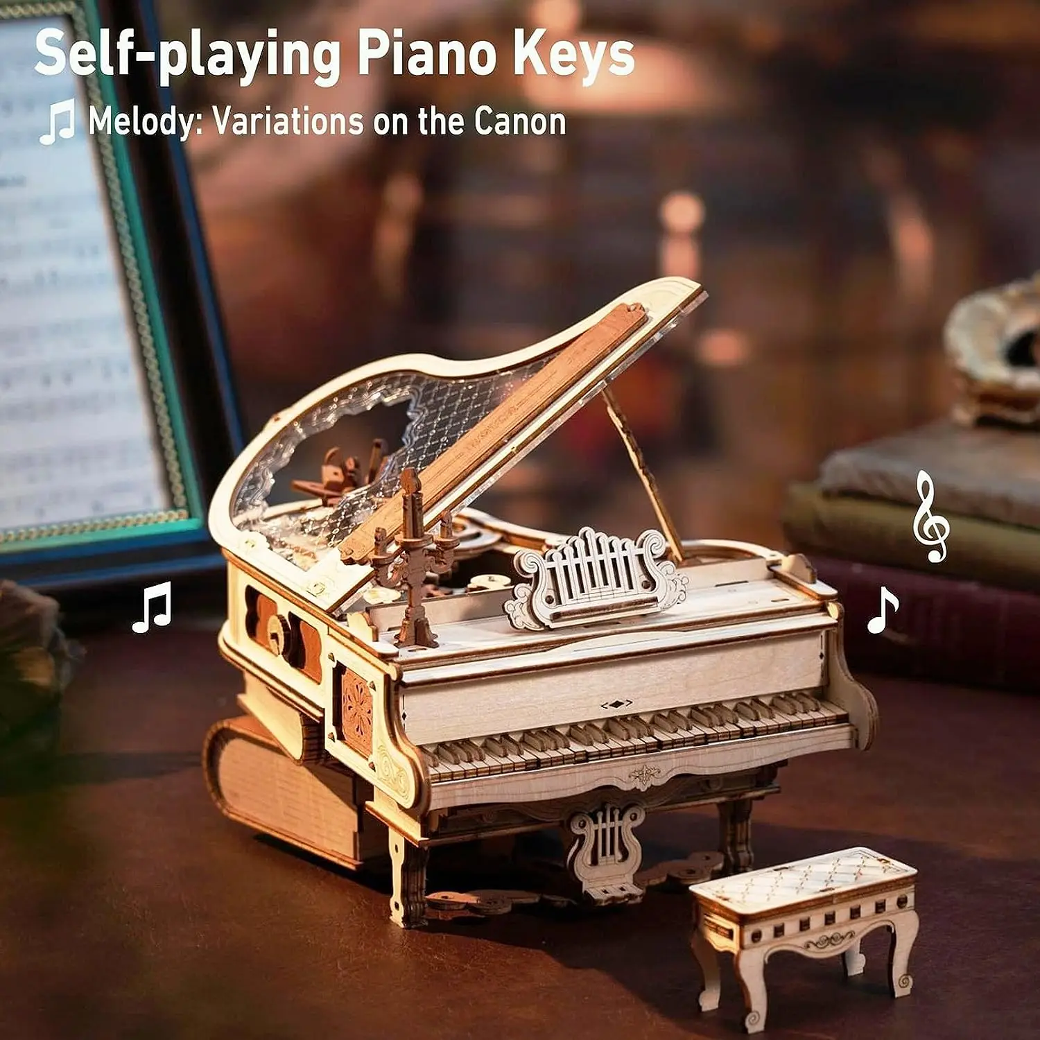 ROKR Magic Piano - 3D Wooden Puzzle, 233-piece Mechanical Music Box, Automatically Playable, DIY Model, Adult Home Decor Gift
