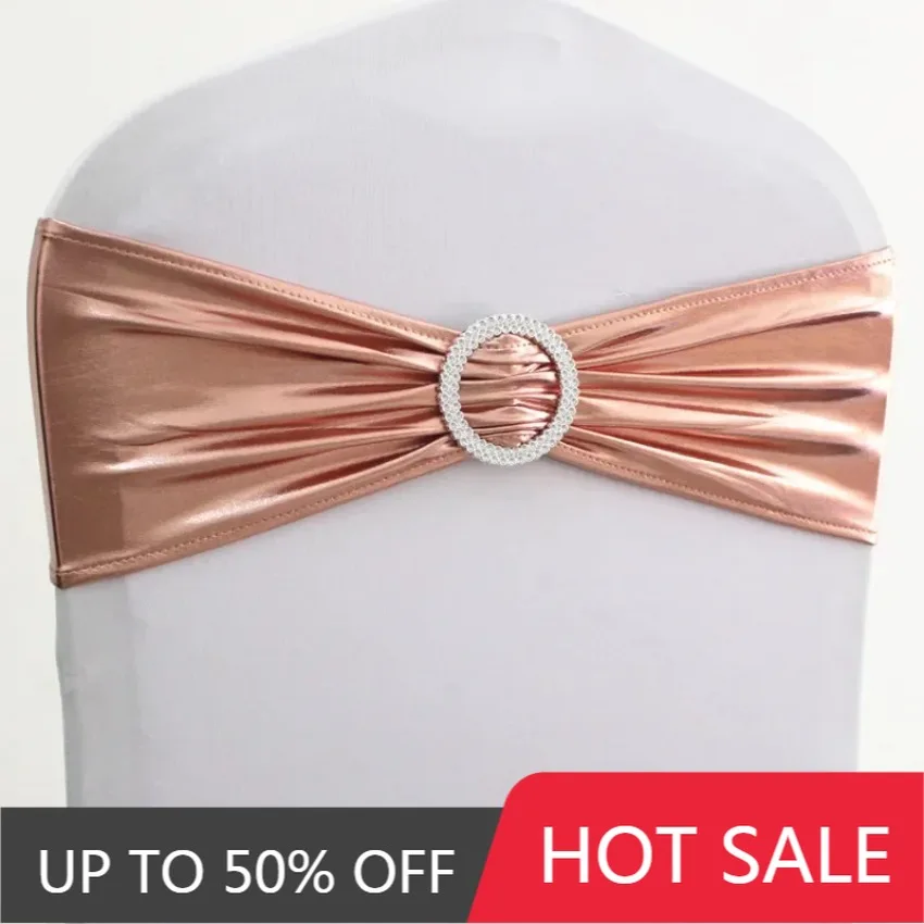 10pcs/50pcs Rose Gold Silver Metallic Spandex Chair Sash Band Knot Elastic Stretch Hotel Party Wedding Chair Bow Tie