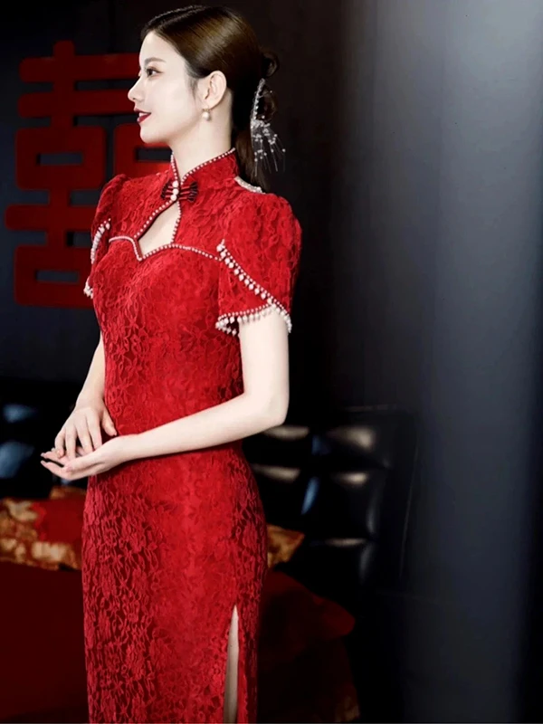 

Red Lace Wedding Dr Pearl Bridal Gown Vintage Sle ort Sve mid Waist Fit Bodycon Dr for Wedding Par Performance