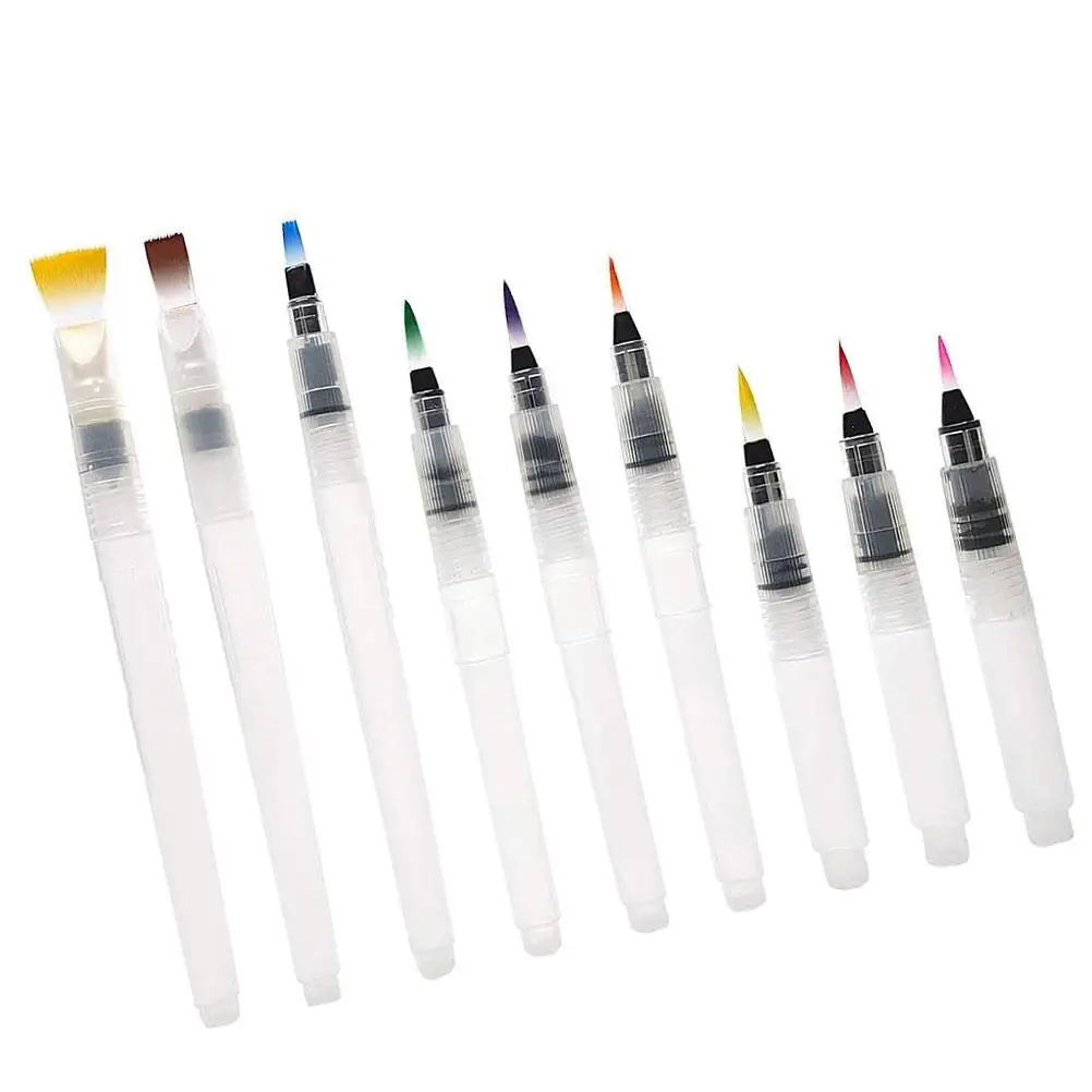 

9 Pcs Watercolor Fountain Pen Brush Soluble Colored Pencils Squeeze Control Durable Nylon Hair Easy Clean Painting Supplies