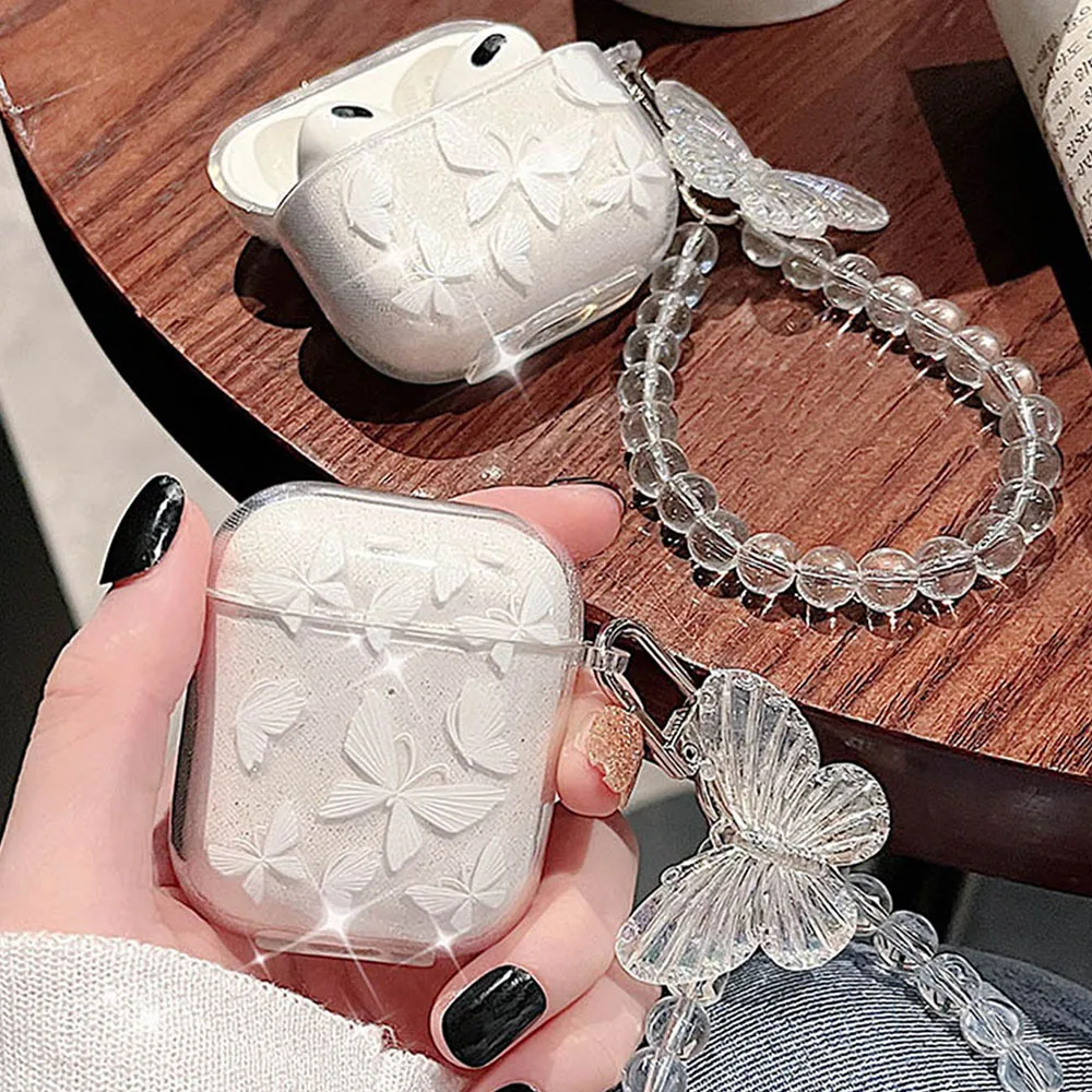 Błyszczący różowy nadruk motyla odpowiedni dla airpods pro2 Apple 2. generacji etui na słuchawki Bluetooth 1/2/3 futerał ochronny