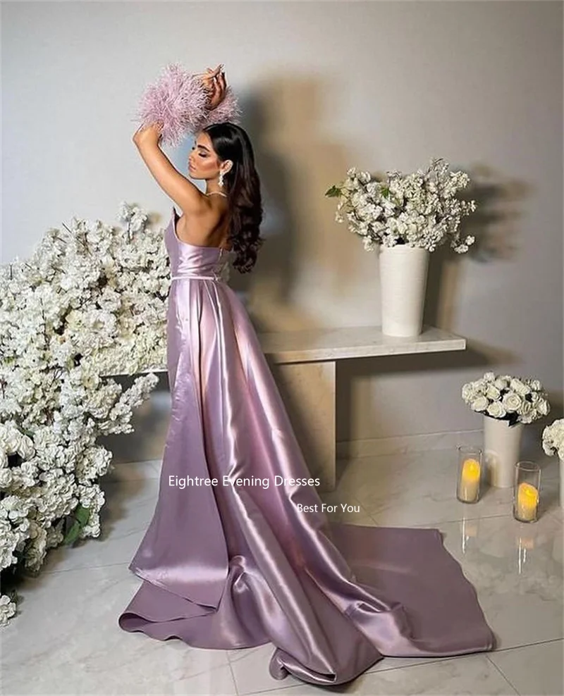 Eighree Purple Abendkleider Dubai Prom Dresses Stain Vintage Feathers Slit Mermaid Strapless Robes De Soirée Evening Dresses