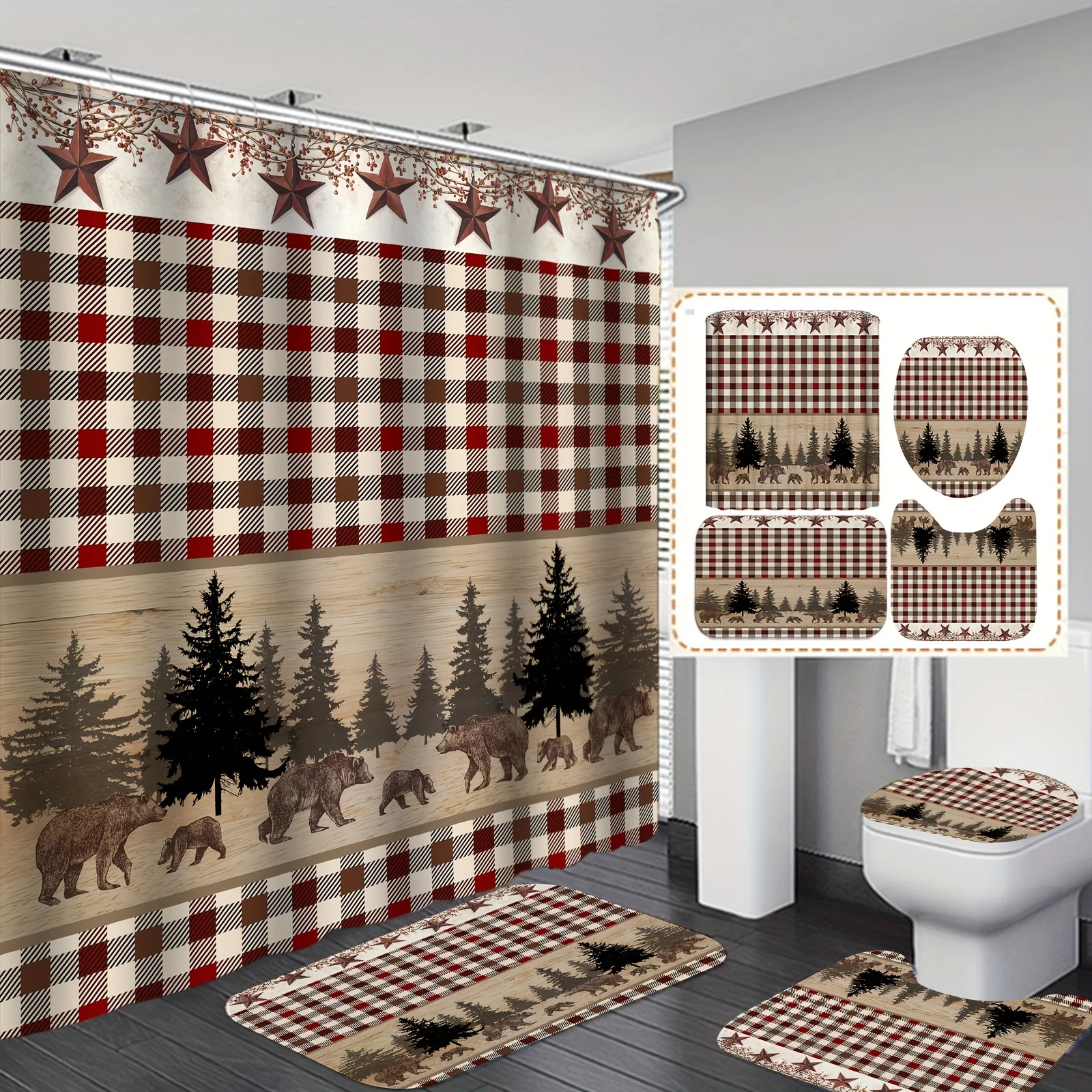 

Rustic Plaid and Bears Bathroom 4-Piece Set: Shower Curtain, Bath Mat, Toilet Cover, and Tank Cover – Cozy Cabin Decor