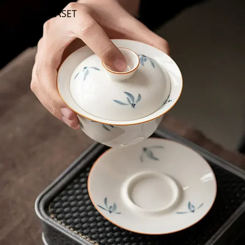 Chinese Hand Painted Ceramic Tea Tureen Teacup Travel Portable Gaiwan Handmade Porcelain Tea Bowl with Saucer Home Tea Set