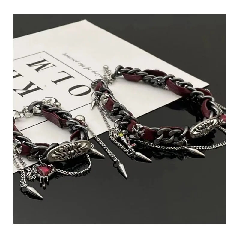 

Cool Spice Girl Leather Metal Cross Love Tassel Necklace Female Design High Sense Fashion Bracelet Collarbone Chain