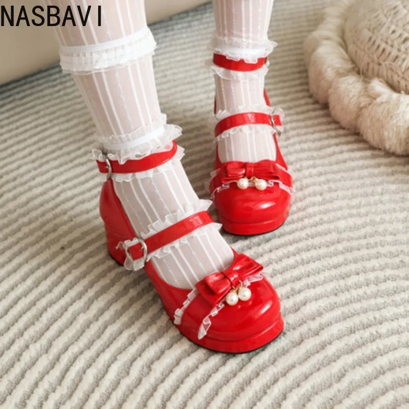 

NASBAVI/женские туфли Мэри Джейн на высоком каблуке с завязками и бантом, весенние туфли на каблуке с ремешком на щиколотке для свадебной вечеринки, большой размер 43