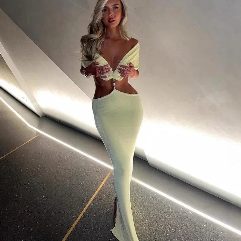 Vestido largo amarillo plisado con cuello en V elegante para mujer, vestidos de cintura alta ajustados recortados a la moda, nuevos vestidos de playa para vacaciones de verano