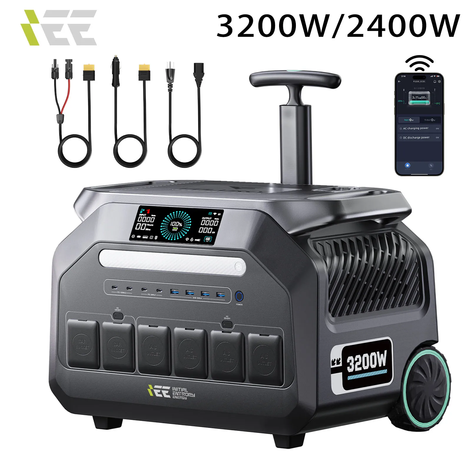 Station d'alimentation portable IEE 3200W, générateur solaire 2400W, batterie LiFePO4 2048Wh, sortie AC, chariot pour camping-car, camping, fourgonnette