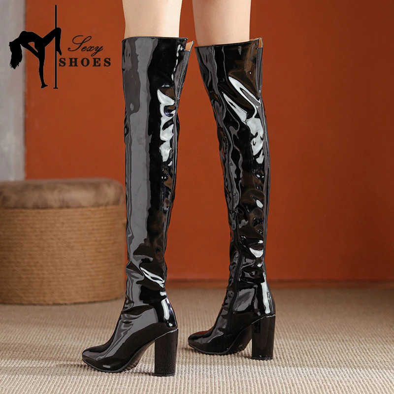 Sexy Over-the-Knee Pu Leather Women Thigh Boots Pinted Toe Zipper Square Heel High Heel Ladies Shoes Autumn Winter Chunky Boots