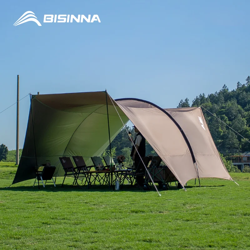 BISINNA-túnel portátil plegable para acampar al aire libre, dosel grande recubierto con bloqueador solar plateado, sombra para acampar, lluvia y viento