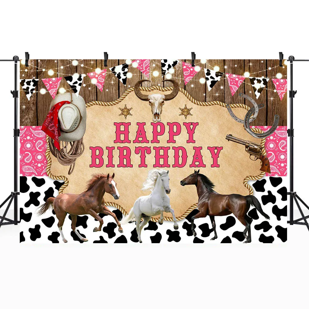 Mocsicka Cowgirl Compleanno Sfondo Rustico Cowboy Rodeo Rosa Bandana Ragazza Festa di Compleanno Decor Sfondo Studio Fotografico Photocall