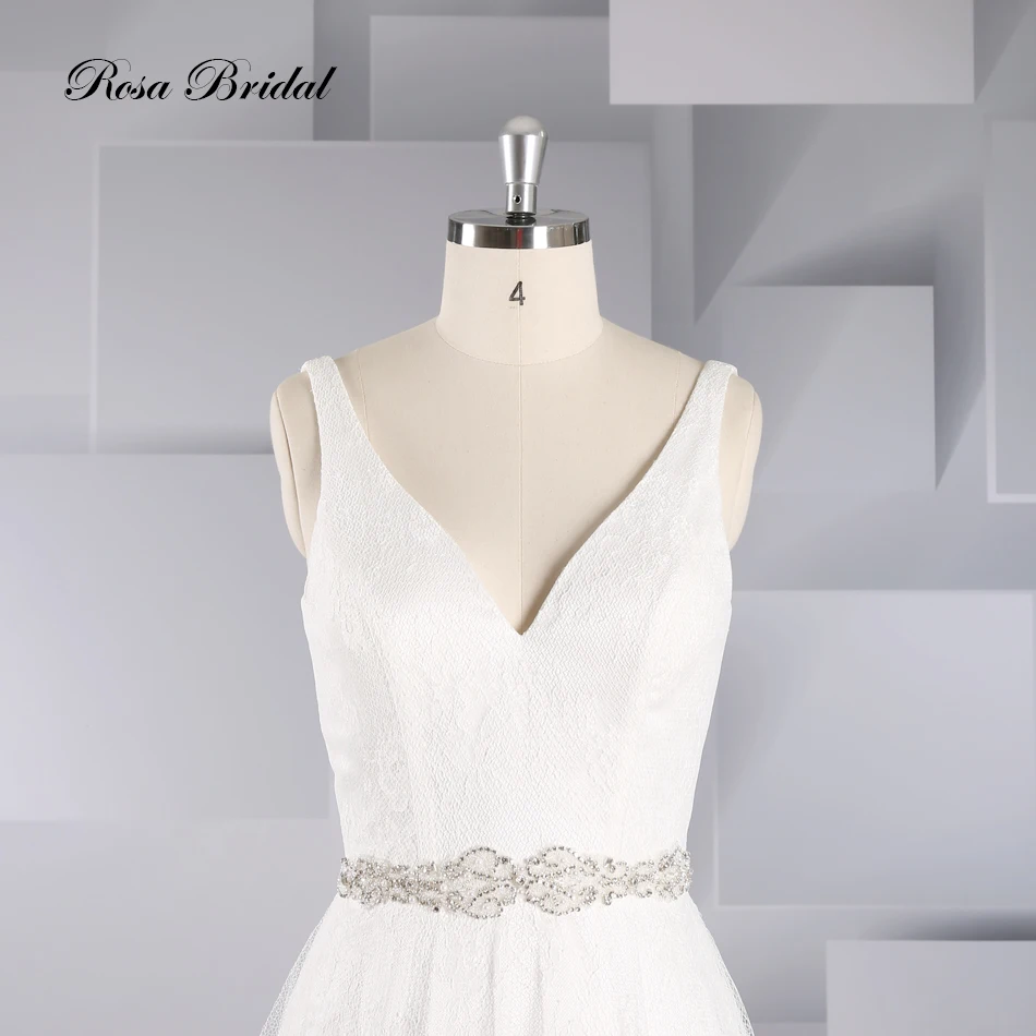 V-Neck Backless Beaded Belt A-Line Wedding Dress